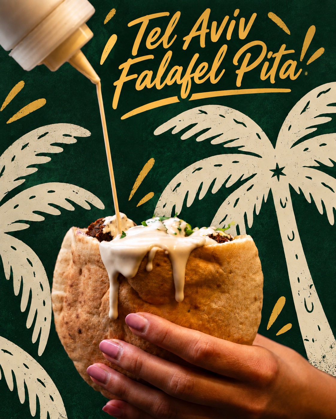 Falafel Pita mit Tahina und Palmenillustrationen