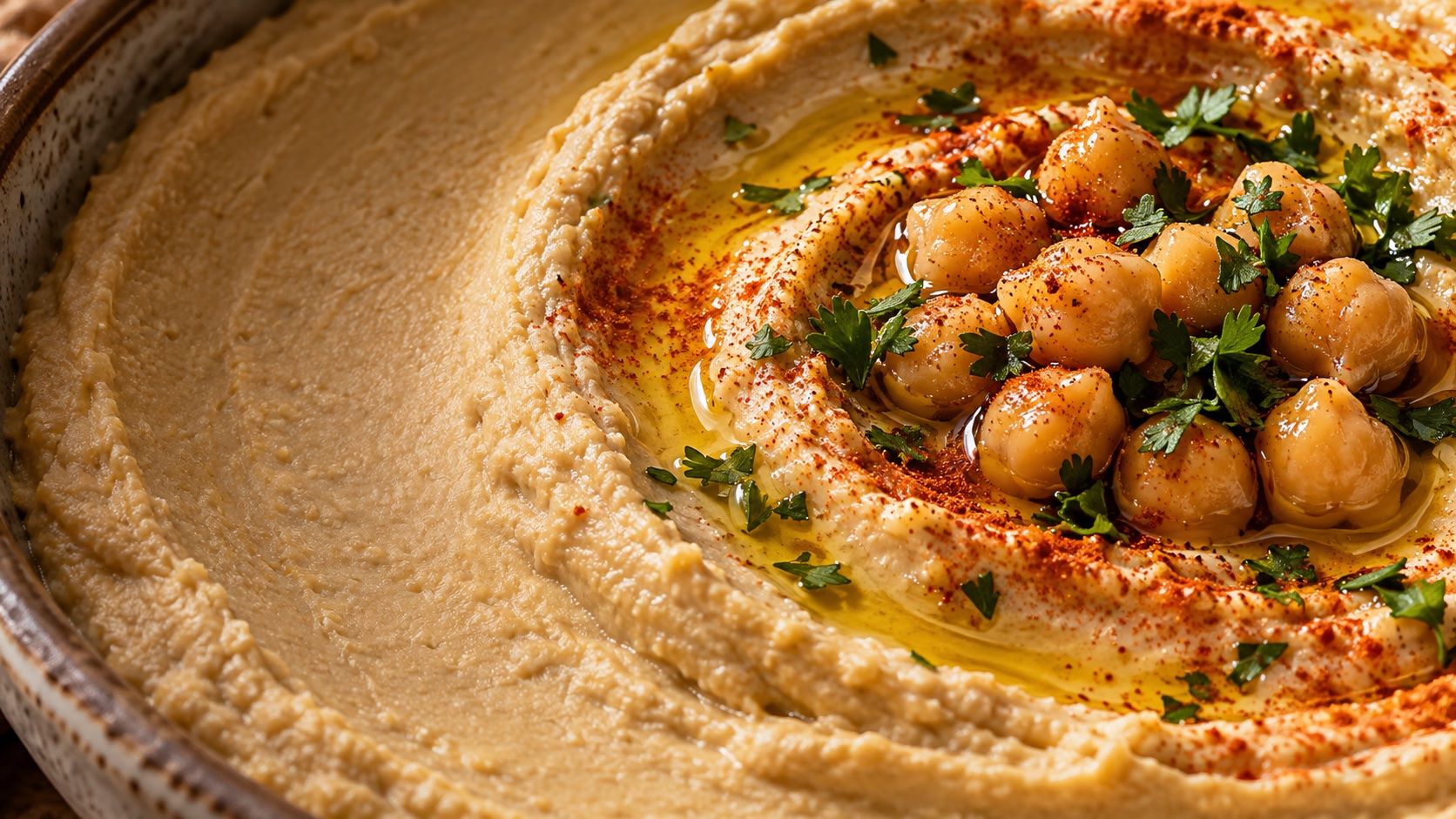 Cremiger Hummus mit Kichererbsen, Olivenöl und Petersilie